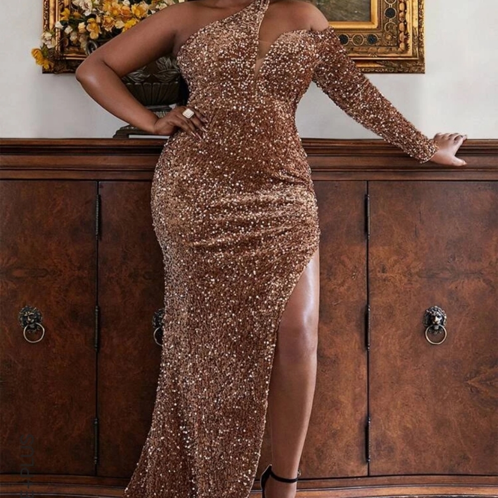 Plus One Shoulder Mesh Panel Split Thigh Sequin Formal Dress